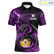 Load image into Gallery viewer, Purple thunder lightning dragon 9 ball billiard polo shirt for men with custom pool team graphics.