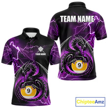 Load image into Gallery viewer, Purple thunder lightning dragon 9 ball billiard polo shirt for men with custom pool team graphics.