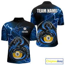 Load image into Gallery viewer, Blue thunder lightning dragon 9 ball billiard quarter zip shirt for men designed for league tournaments and team events.