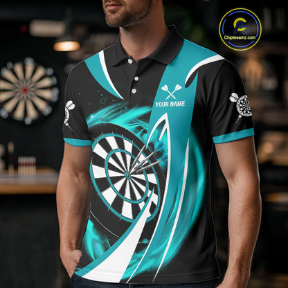 Personalized Turquoise & Black Darts Shirt For Men Custom Darts League Team Polo & 1/4 Zip Jerseys TDM4407