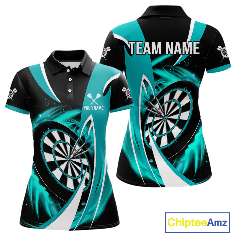 Personalized Turquoise & Black Darts Shirt For Women Custom Darts League Team Polo & 1/4 Zip Jerseys TDM4407