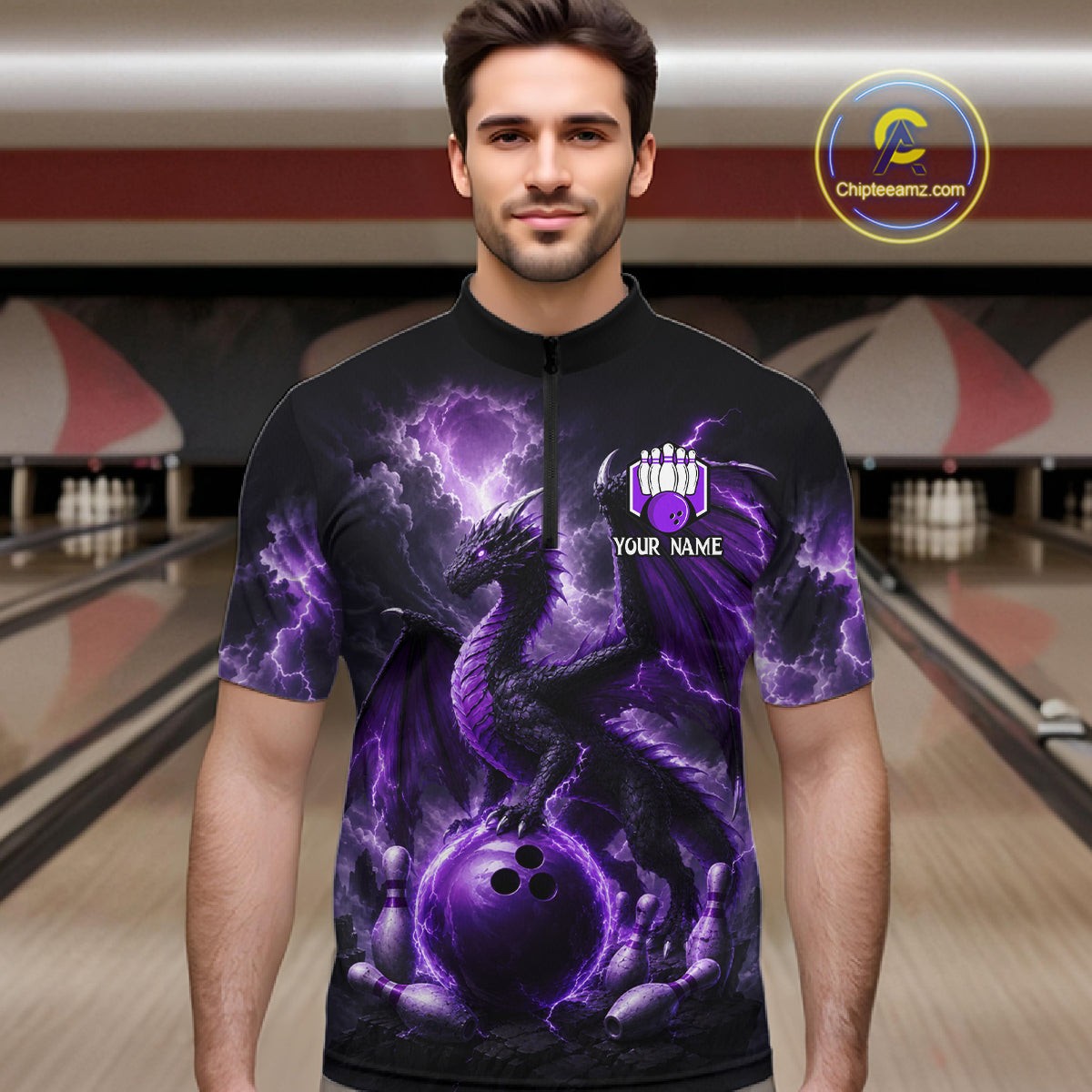 Man wearing personalized purple dragon bowling team jersey quarter zip shirt featuring purple dragon artwork, front view.