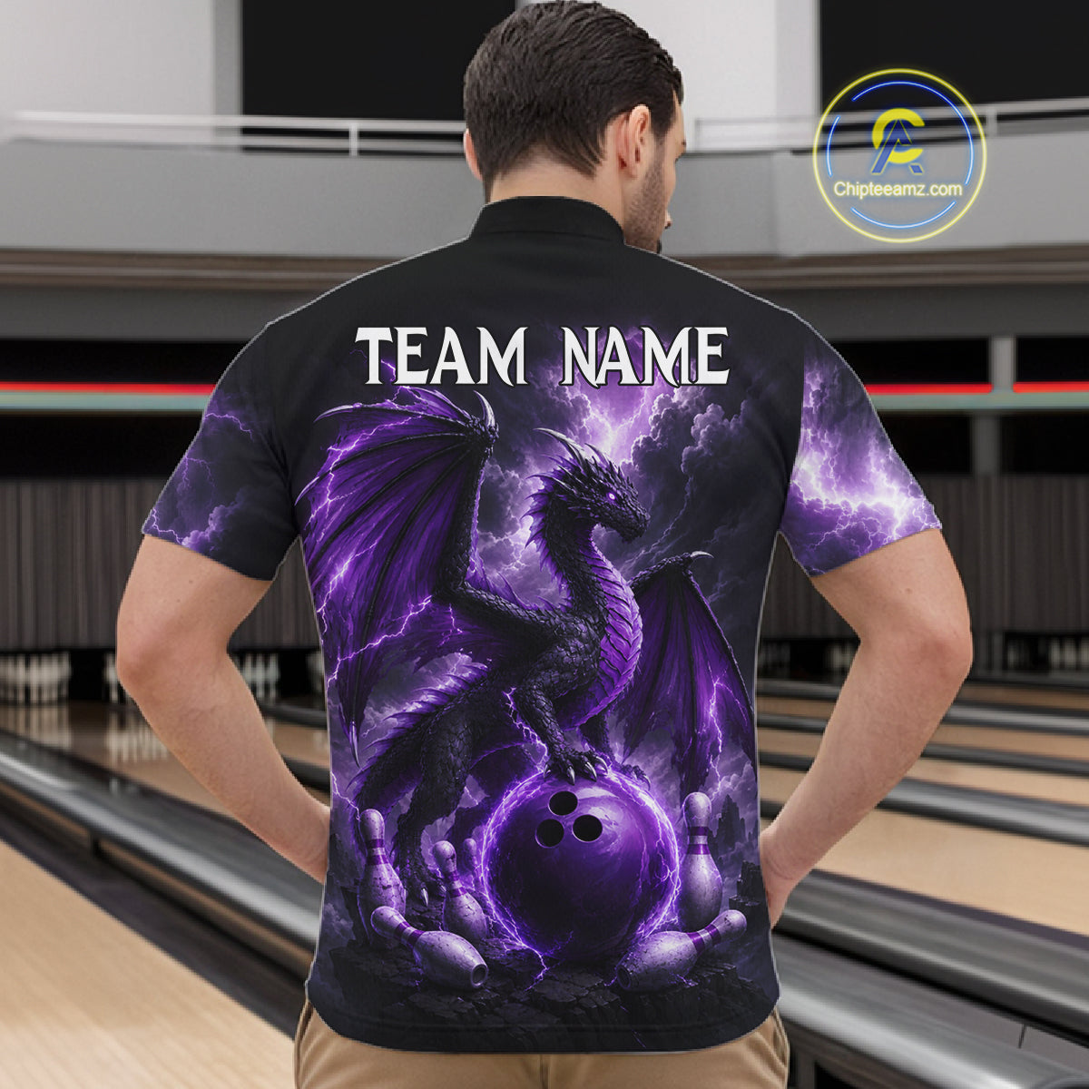 Man wearing personalized purple dragon bowling team jersey quarter zip shirt featuring purple dragon artwork, back view.
