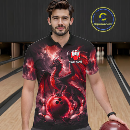 Man wearing personalized red dragon bowling team jersey polo shirt featuring red dragon artwork, front view.