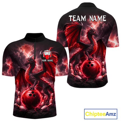 Personalized red dragon bowling team jersey quarter zip shirt for men featuring detailed red dragon artwork, premium custom bowling apparel.