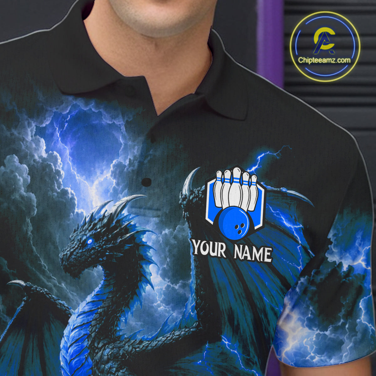 Close-up of personalized blue dragon bowling team jersey polo shirt featuring collar, buttons and blue dragon artwork.