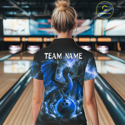 Woman wearing personalized blue dragon bowling team jersey polo shirt featuring blue dragon artwork, back view.