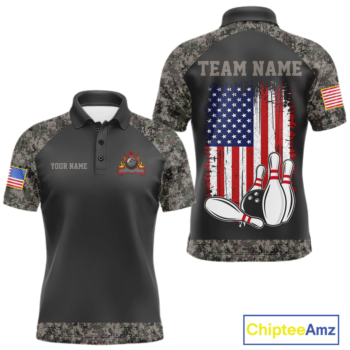 Personalized retro camo American flag bowling team jersey polo shirt for men featuring patriotic camouflage American flag artwork, premium custom bowling league apparel.