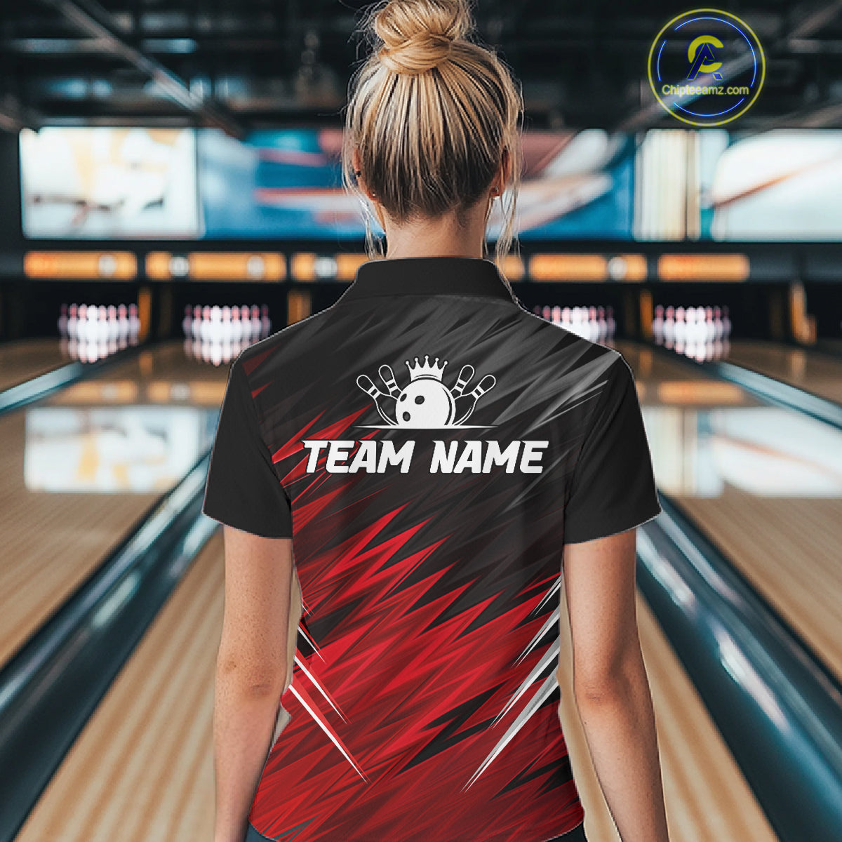 Woman wearing personalized black and red bowling team jersey polo shirt featuring black and red bowling artwork, back view.