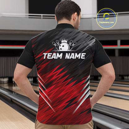 Man wearing personalized black and red bowling team jersey quarter zip shirt featuring black and red bowling artwork, back view.
