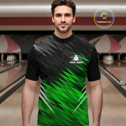 Man wearing personalized black and green bowling team jersey quarter zip shirt featuring black and green bowling artwork, front view.