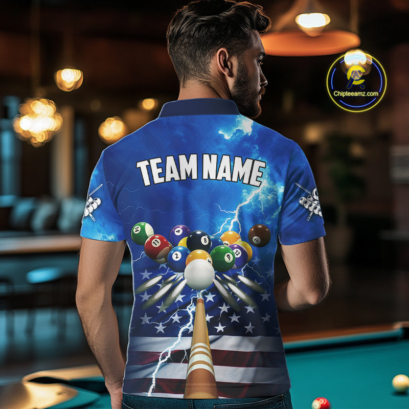 Blue Thunder Lightning American Flag Billiard Shirt For Men Custom Patriotic Pool Balls Jersey TDM4639
