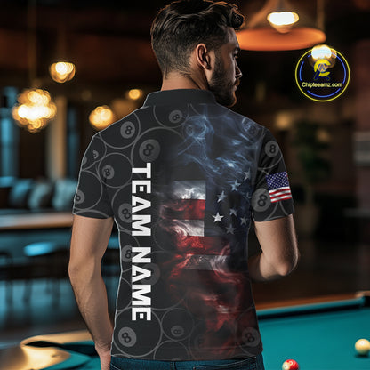 Smoke American Flag Billiard Polo & Quarter Zip For Men Custom Patriotic 8 Ball Pool Team Jersey TDM4832