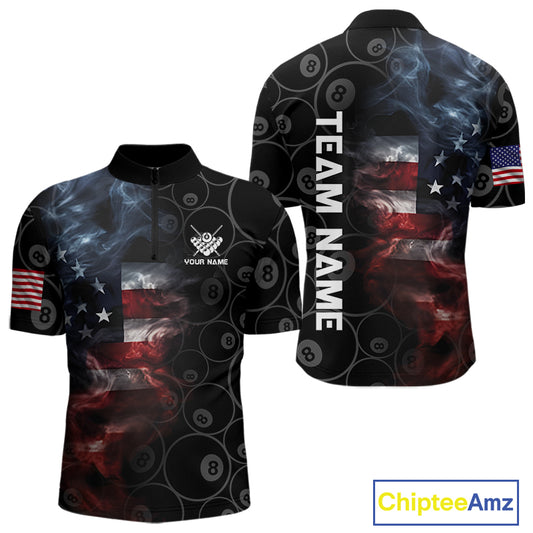 Smoke American Flag Billiard Polo & Quarter Zip For Men Custom Patriotic 8 Ball Pool Team Jersey TDM4832