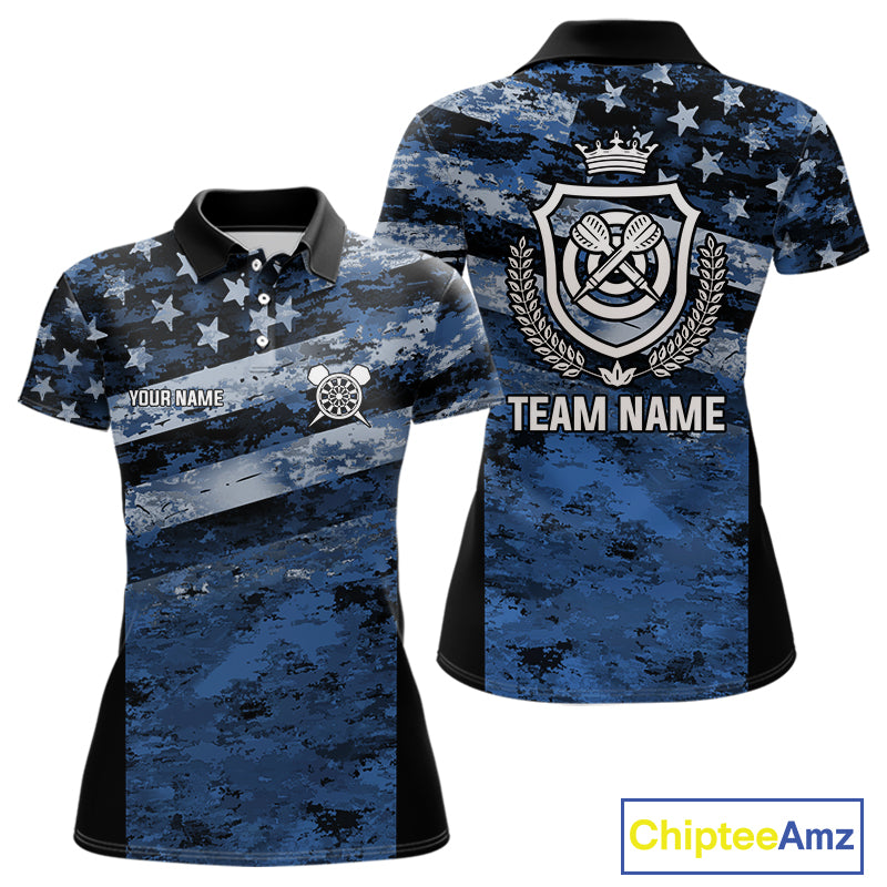 Blue Camo US Flag Dart Shirts With Pocket Option For Women Custom Darts Jersey TDM5275