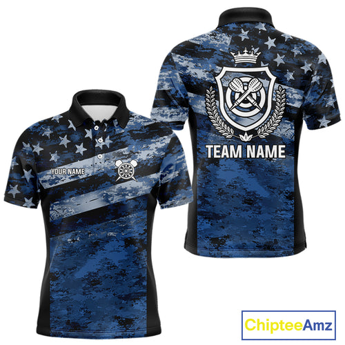Blue Camo US Flag Dart Shirts With Pocket Option For Men Custom Darts Jersey TDM5275