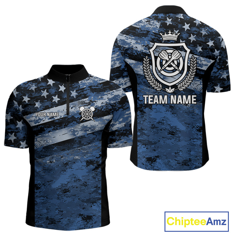 Blue Camo US Flag Dart Shirts With Pocket Option For Men Custom Darts Jersey TDM5275