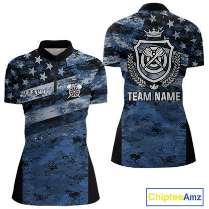 Blue Camo US Flag Dart Shirts With Pocket Option For Women Custom Darts Jersey TDM5275