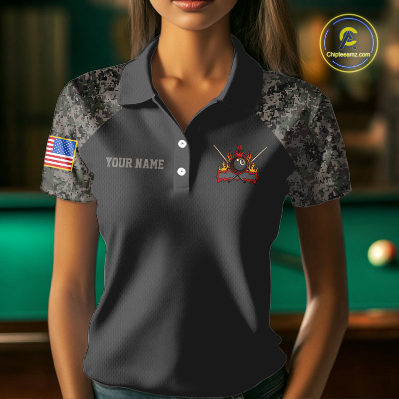 Personalized Retro Camo US Flag Billiard Shirt For Women Custom Pool Team Jersey Polo & 1/4 Zip TDM5793