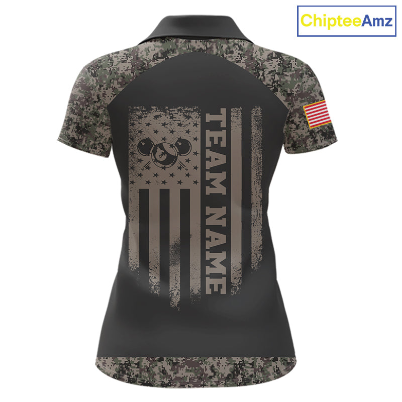 Personalized Retro Camo US Flag Billiard Shirt For Women Custom Pool Team Jersey Polo & 1/4 Zip TDM5793
