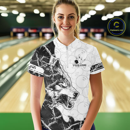 White Black Thorny Camo Wolf Bowling Shirt For Women Custom Bowling Team Jersey Polo & 1/4 Zip TDM6390