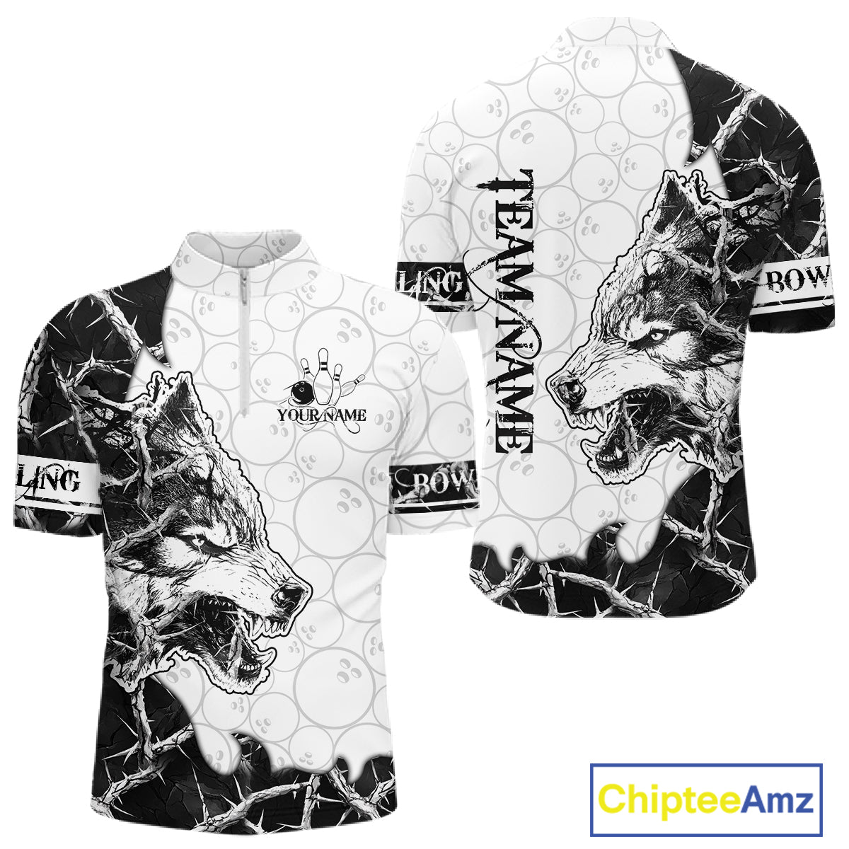 White Black Thorny Camo Wolf Bowling Shirt For Men Custom Bowling Team Jersey Polo & 1/4 Zip TDM6390