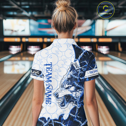 Personalized Blue Thorny Camo Wolf Bowling Shirt For Women Custom Bowling Team Jersey Polo & 1/4 Zip TDM6391