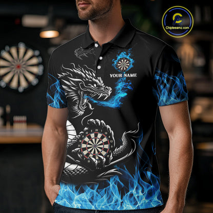 Personalized Blue Flaming Dragon Dart Shirts For Men Custom Darts Team Jerseys Polo & Quarter Zip TDM4060
