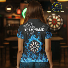 Load image into Gallery viewer, Personalized Blue Flaming Dragon Dart Shirts For Women Custom Darts Team Jerseys Polo &amp; Quarter Zip TDM4060