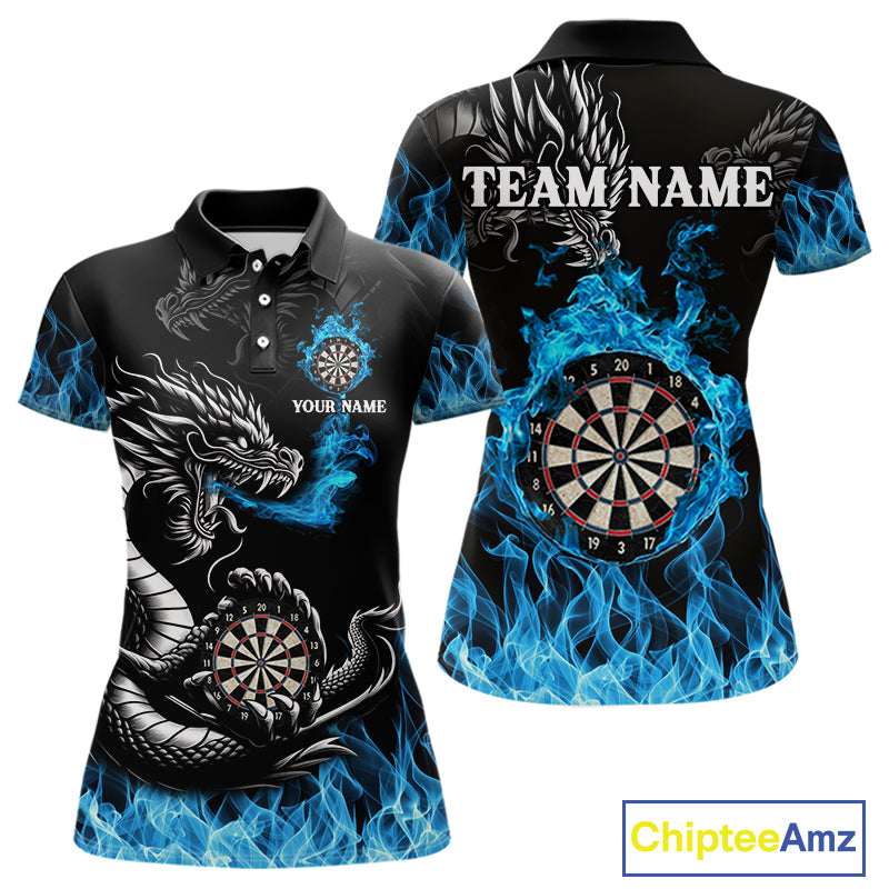 Personalized Blue Flaming Dragon Dart Shirts For Women Custom Darts Team Jerseys Polo & Quarter Zip TDM4060