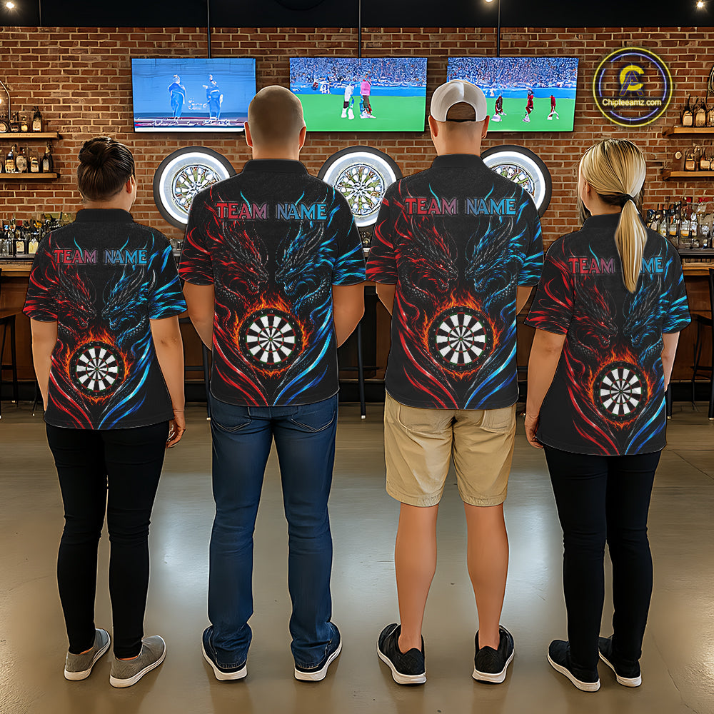 Blue And Red Custom Dragon Fire Darts Shirts For Men, Darts League Team Jersey Polo & Quarter Zip TDM6576