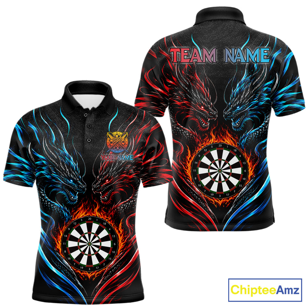 Blue And Red Custom Dragon Fire Darts Shirts For Men, Darts League Team Jersey Polo & Quarter Zip TDM6576