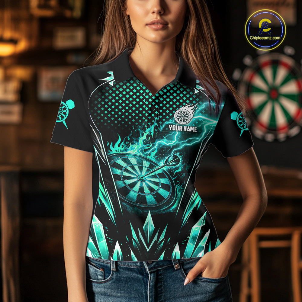 Customized Turquoise Flame Lightning Icy Darts Shirt For Women, Darts Team Jersey Polo & Quarter Zip TDM6579