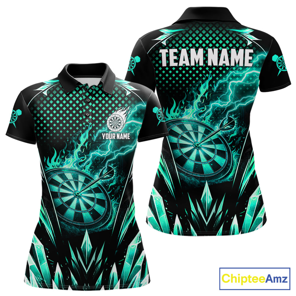 Customized Turquoise Flame Lightning Icy Darts Shirt For Women, Darts Team Jersey Polo & Quarter Zip TDM6579