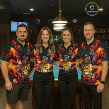 Load image into Gallery viewer, Pool team wearing matching Red funny flame 9 ball billiard jerseys during tournament competition front view.