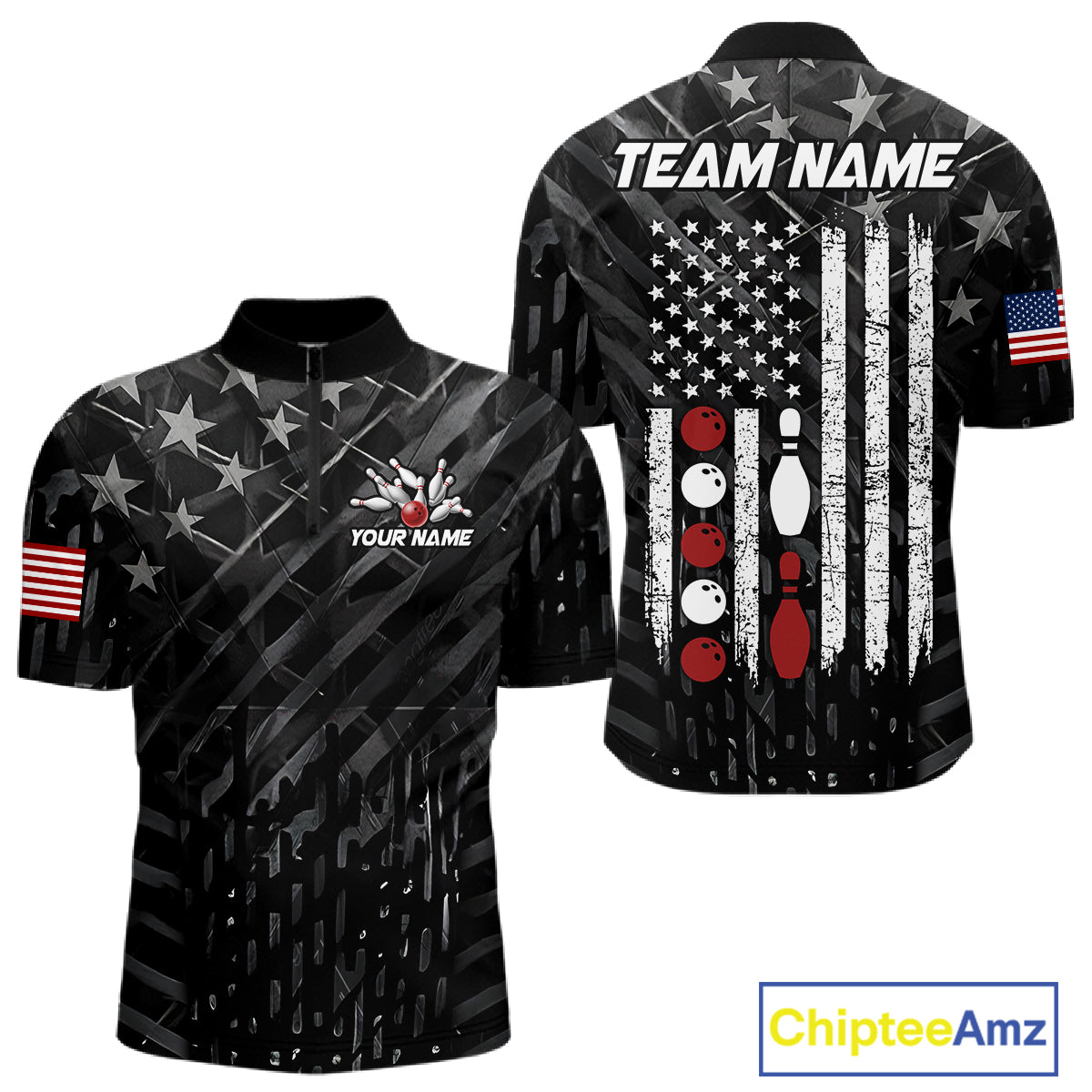 Black American flag patriotic bowling team jersey quarter zip shirt for men featuring patriotic USA artwork, premium custom bowling apparel.