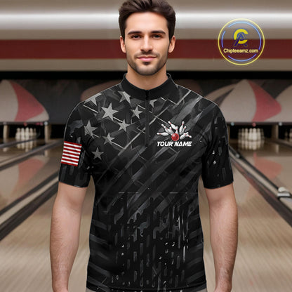 Man wearing black American flag patriotic bowling team jersey quarter zip shirt featuring American flag artwork, front view.
