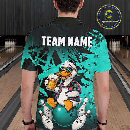 Man wearing personalized turquoise funny duck beer bowling team jersey polo shirt featuring funny duck beer artwork, back view.