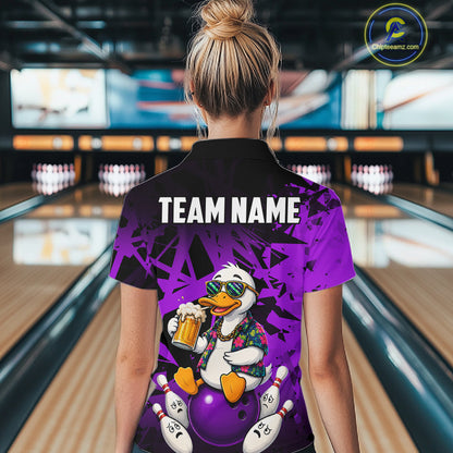 Woman wearing personalized purple funny duck beer bowling team jersey polo shirt featuring funny duck beer artwork, back view.
