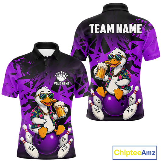 Personalized purple funny duck beer bowling team jersey polo shirt for men featuring a funny duck drinking beer design, premium custom bowling team apparel and gift for bowlers.