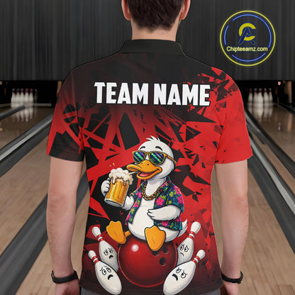 Man wearing personalized red funny duck beer bowling team jersey polo shirt featuring funny duck beer artwork, back view.