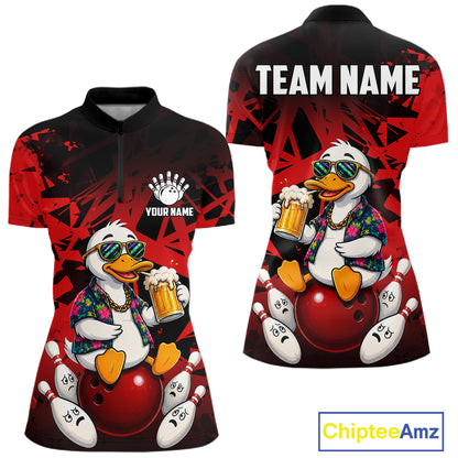 Personalized red funny duck beer bowling team jersey quarter zip shirt for women featuring funny duck beer artwork, premium custom bowling apparel.
