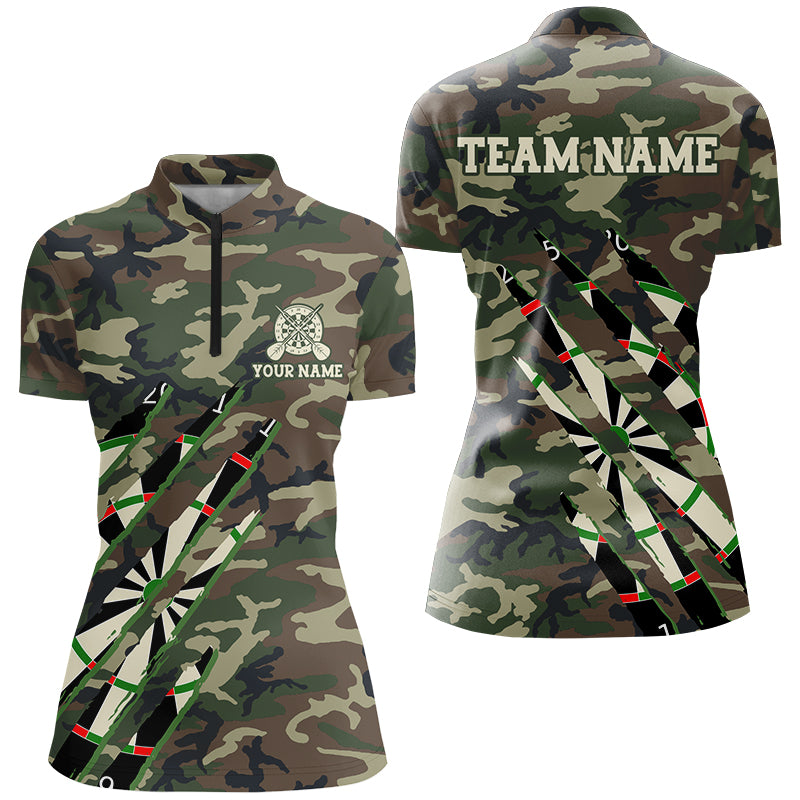 Military Green Camo Custom Women Darts Polo & Quarter-Zip Shirts, Personalized Army Darts Team Shirts TDM2559