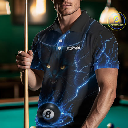 Blue 8 Ball Thunder Lightning Cat Billiard Shirt For Men Custom Pool Team Jersey Polo & 1/4 Zip TDM5065