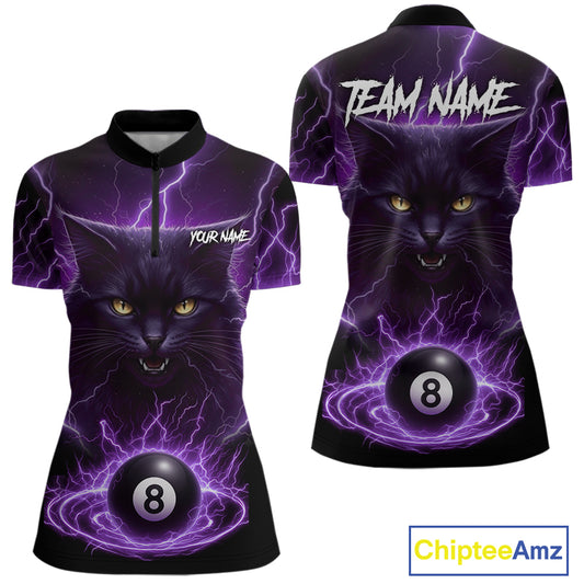 Purple 8 Ball Thunder Lightning Cat Billiard Shirt For Women Custom Pool Team Jersey Polo & 1/4 Zip TDM5066