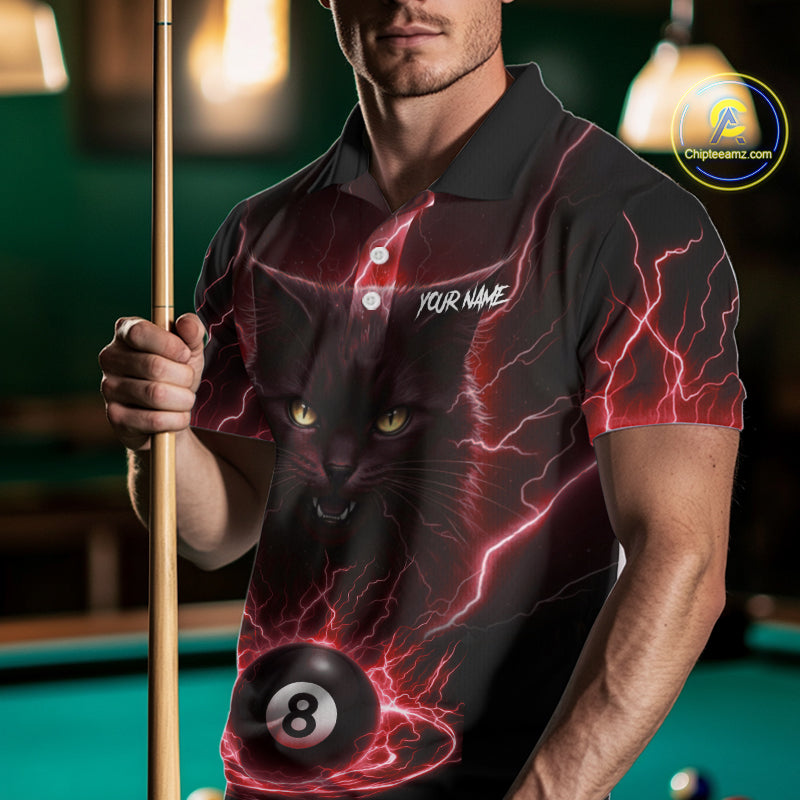 Red 8 Ball Thunder Lightning Cat Billiard Shirt For Men Custom Pool Team Jersey Polo & 1/4 Zip TDM5067