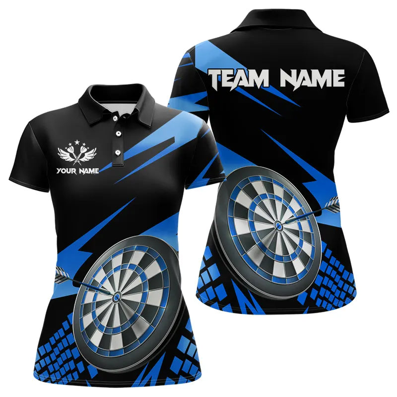 Blue Black Custom Dart Shirts For Women, Personalized 3D Darts Board Dart Jerseys Polo & 1/4 Zip TDM3286
