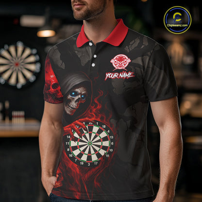 Red Grim Reaper Flame Darts Shirt For Men Custom Skull Darts Jersey Team Polo & Quarter Zip TDM5529