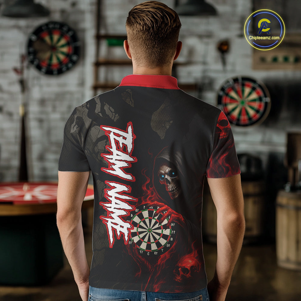 Red Grim Reaper Flame Darts Shirt For Men Custom Skull Darts Jersey Team Polo & Quarter Zip TDM5529