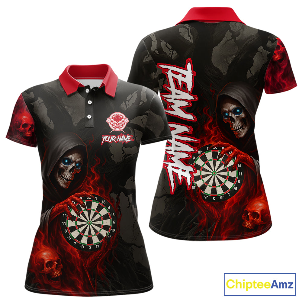Red Grim Reaper Flame Darts Shirt For Women Custom Skull Darts Jersey Team Polo & Quarter Zip TDM5529